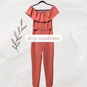 Mauve Off Shoulder Ruffle Jumpsuit | Belted Wide Leg Romper M